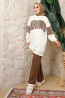 Tesettür giyim KAHVE DESENLİ BELİ LASTİKLİ PANTOLONLU TRİKO TAKIM T 9308