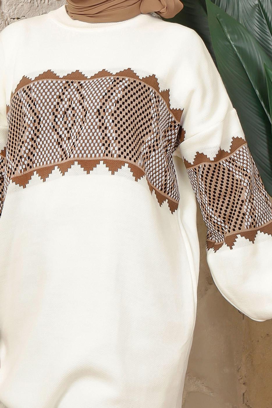 Tesettür giyim KAHVE DESENLİ BELİ LASTİKLİ PANTOLONLU TRİKO TAKIM T 9308