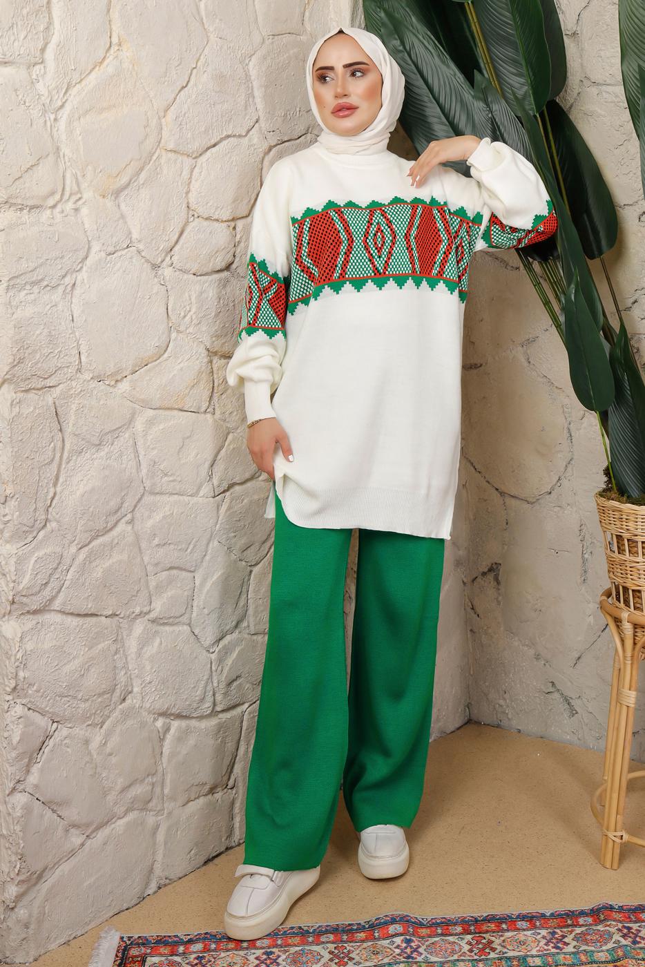 Tesettür giyim YEŞİL DESENLİ BELİ LASTİKLİ PANTOLONLU TRİKO TAKIM T 9308