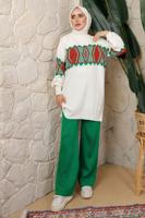 Tesettür giyim YEŞİL DESENLİ BELİ LASTİKLİ PANTOLONLU TRİKO TAKIM T 9308