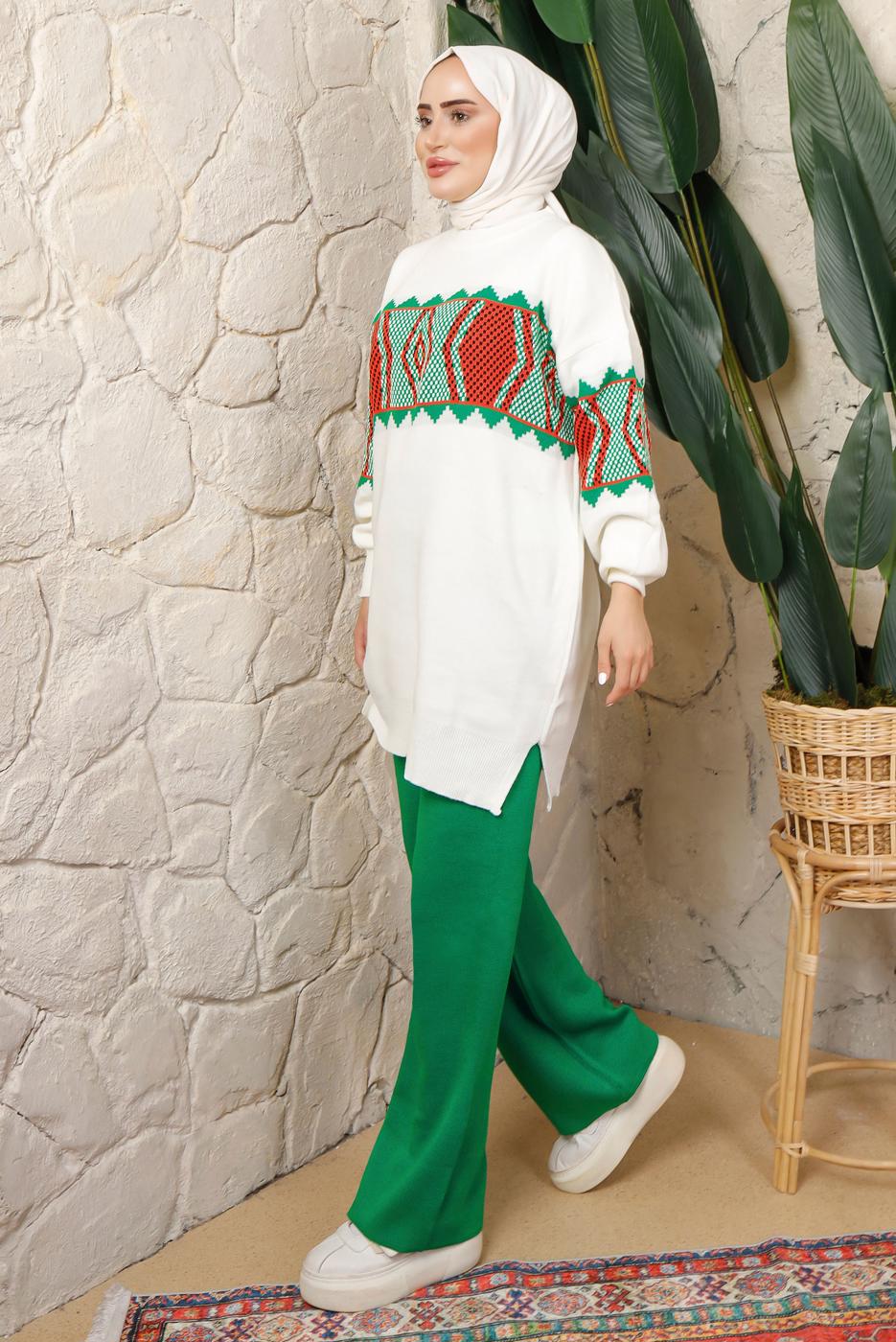 Tesettür giyim YEŞİL DESENLİ BELİ LASTİKLİ PANTOLONLU TRİKO TAKIM T 9308