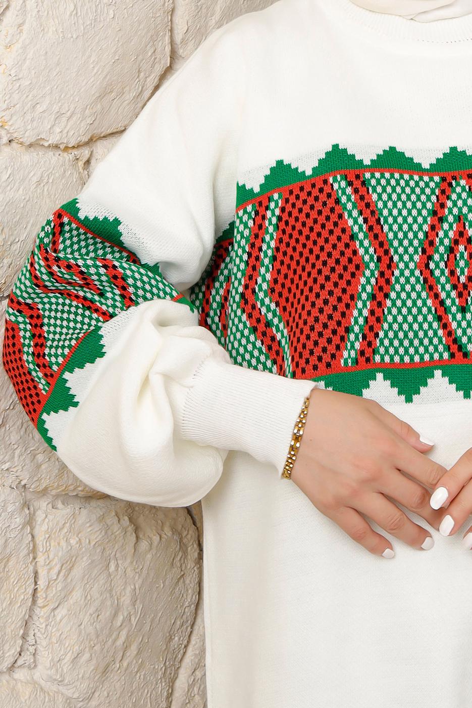 Tesettür giyim YEŞİL DESENLİ BELİ LASTİKLİ PANTOLONLU TRİKO TAKIM T 9308