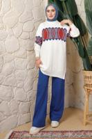 Tesettür giyim LACİVERT DESENLİ BELİ LASTİKLİ PANTOLONLU TRİKO TAKIM T 9308