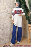 Tesettür giyim LACİVERT DESENLİ BELİ LASTİKLİ PANTOLONLU TRİKO TAKIM T 9308