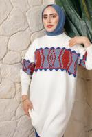 Tesettür giyim LACİVERT DESENLİ BELİ LASTİKLİ PANTOLONLU TRİKO TAKIM T 9308