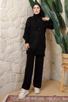 Tesettür giyim SİYAH BONCUK BASKILI PANTOLONLU TRİKO TAKIM T 9408	