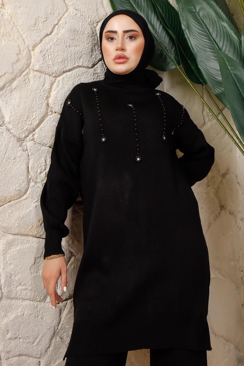 Tesettür giyim SİYAH BONCUK BASKILI PANTOLONLU TRİKO TAKIM T 9408	