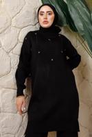 Tesettür giyim SİYAH BONCUK BASKILI PANTOLONLU TRİKO TAKIM T 9408	