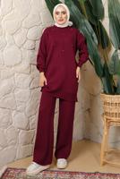 Tesettür giyim BORDO BONCUK BASKILI PANTOLONLU TRİKO TAKIM T 9408	