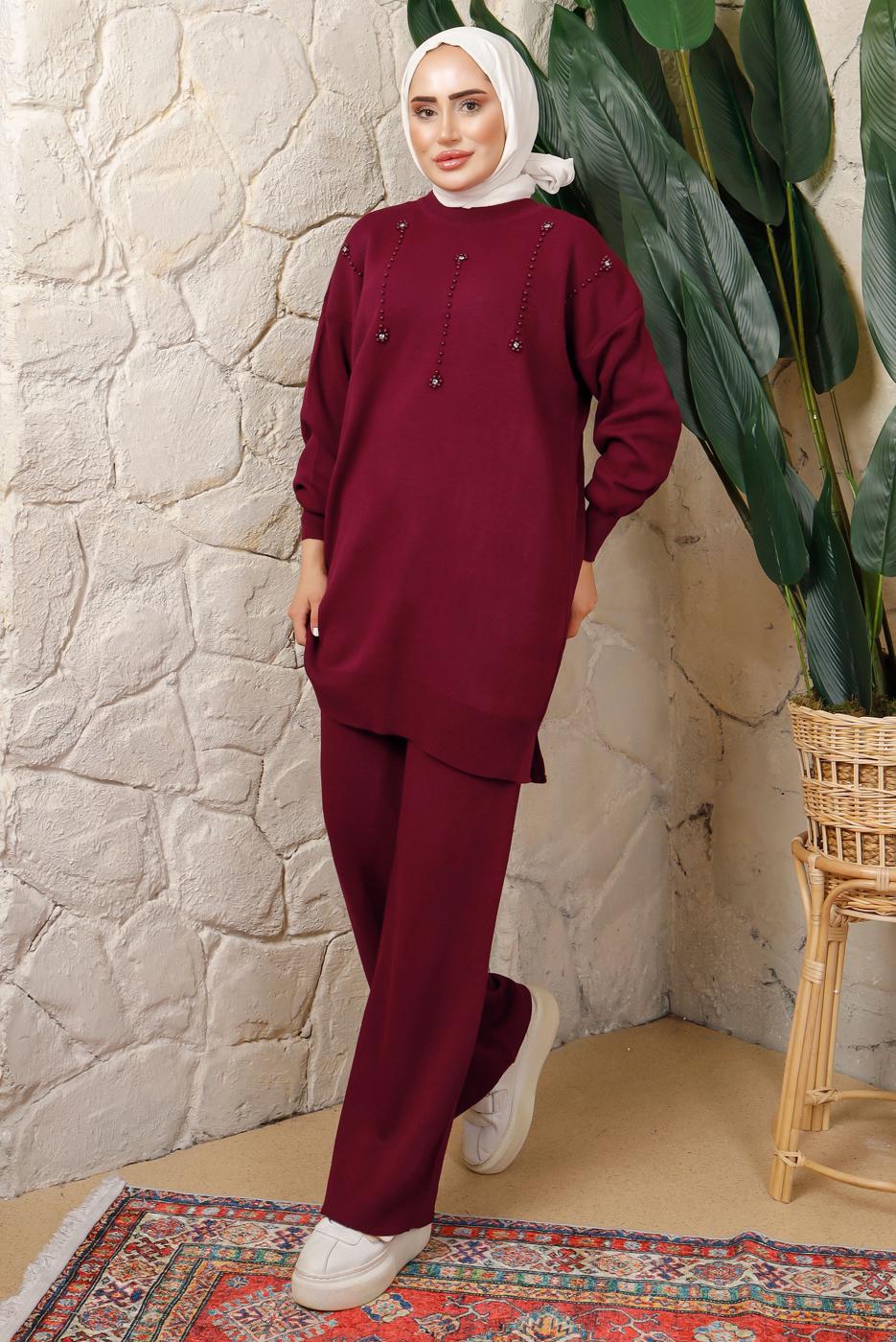 Tesettür giyim BORDO BONCUK BASKILI PANTOLONLU TRİKO TAKIM T 9408	