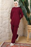 Tesettür giyim BORDO BONCUK BASKILI PANTOLONLU TRİKO TAKIM T 9408	