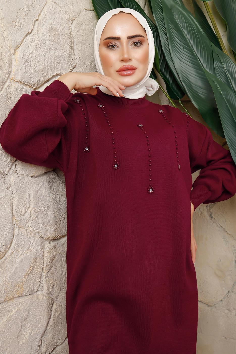 Tesettür giyim BORDO BONCUK BASKILI PANTOLONLU TRİKO TAKIM T 9408	