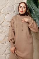 Tesettür giyim KAHVE BONCUK BASKILI PANTOLONLU TRİKO TAKIM T 9408	