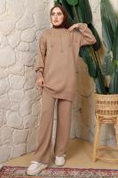 Tesettür giyim KAHVE BONCUK BASKILI PANTOLONLU TRİKO TAKIM T 9408	