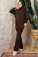 Tesettür giyim KAHVE BONCUK BASKILI PANTOLONLU TRİKO TAKIM T 9408	