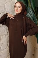 Tesettür giyim KAHVE BONCUK BASKILI PANTOLONLU TRİKO TAKIM T 9408	