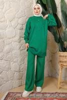 Tesettür giyim YEŞİL BONCUK BASKILI PANTOLONLU TRİKO TAKIM T 9408	