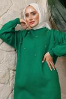 Tesettür giyim YEŞİL BONCUK BASKILI PANTOLONLU TRİKO TAKIM T 9408	