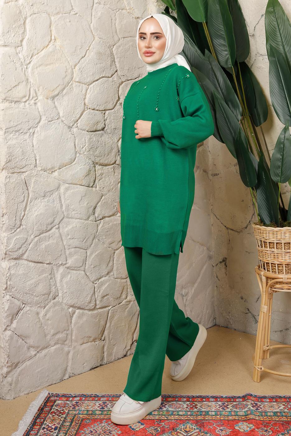 Tesettür giyim YEŞİL BONCUK BASKILI PANTOLONLU TRİKO TAKIM T 9408	