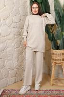Tesettür giyim BEJ BONCUK BASKILI PANTOLONLU TRİKO TAKIM T 9408	