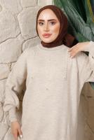 Tesettür giyim BEJ BONCUK BASKILI PANTOLONLU TRİKO TAKIM T 9408	