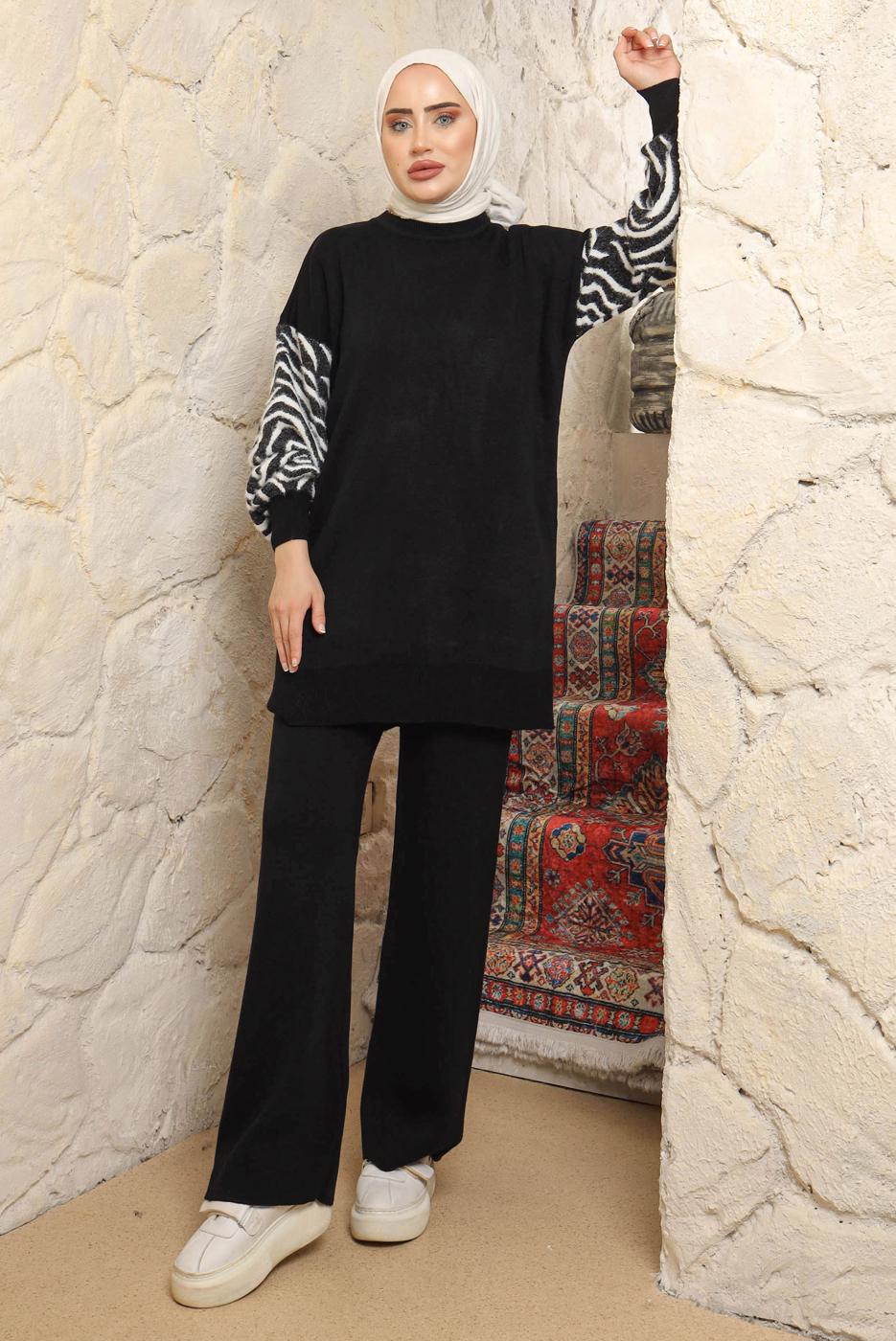 Tesettür giyim SİYAH KOLU DESENLİ PANTOLONLU TAKIM T 9508