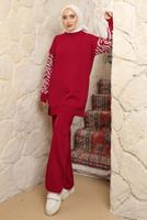Tesettür giyim BORDO KOLU DESENLİ PANTOLONLU TAKIM T 9508