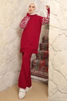 Tesettür giyim BORDO KOLU DESENLİ PANTOLONLU TAKIM T 9508