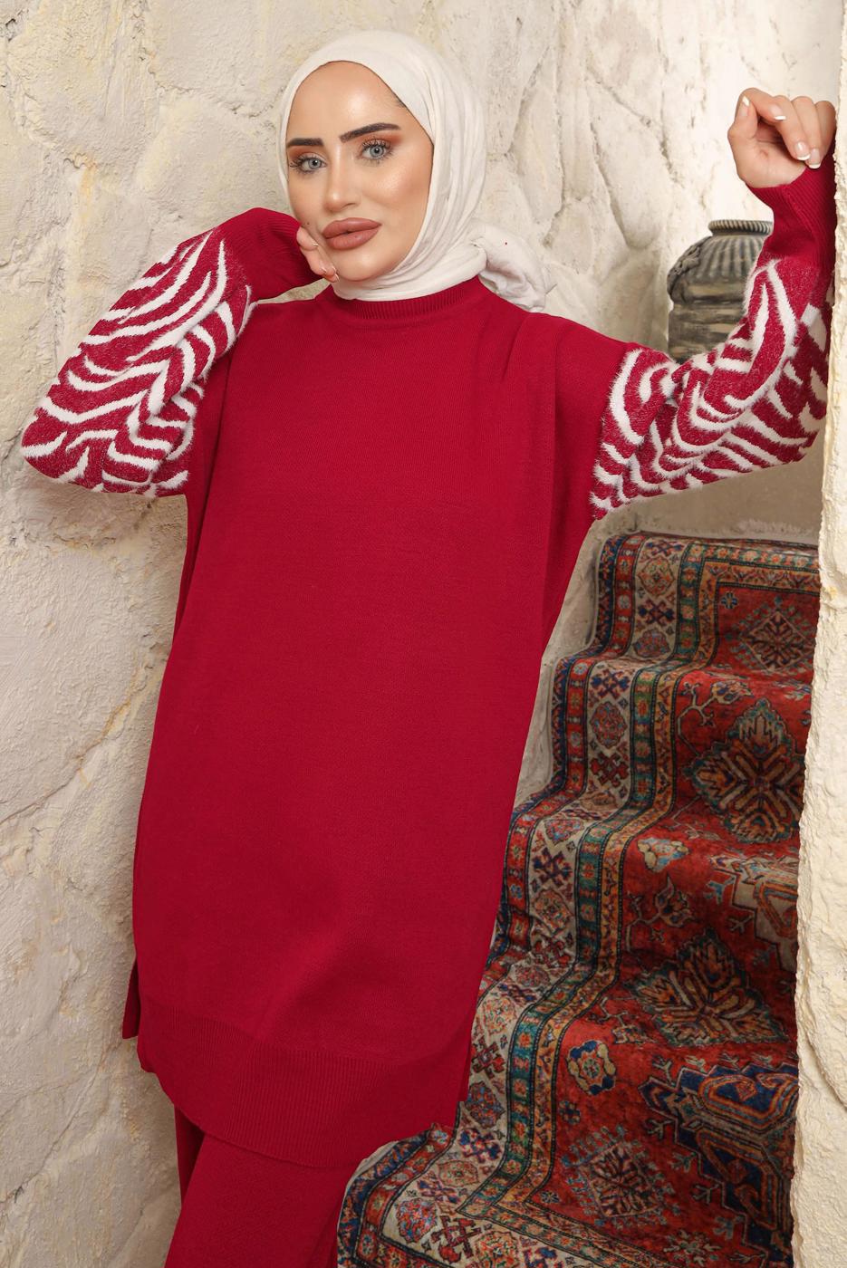 Tesettür giyim BORDO KOLU DESENLİ PANTOLONLU TAKIM T 9508