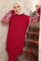 Tesettür giyim BORDO KOLU DESENLİ PANTOLONLU TAKIM T 9508