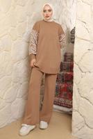 Tesettür giyim KAHVE KOLU DESENLİ PANTOLONLU TAKIM T 9508