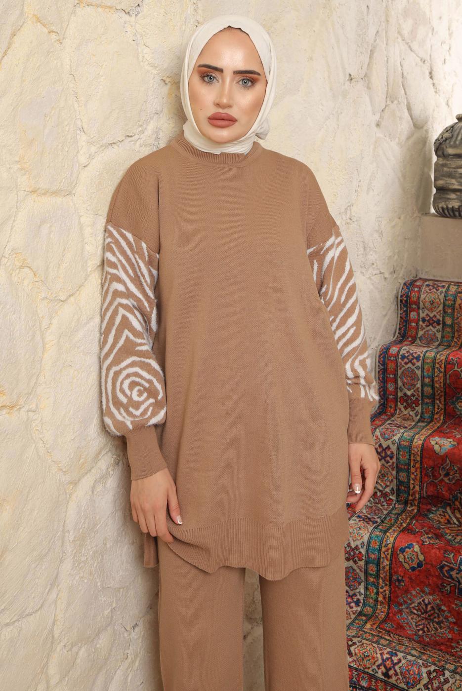 Tesettür giyim KAHVE KOLU DESENLİ PANTOLONLU TAKIM T 9508