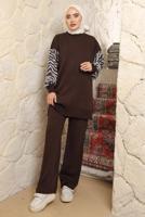 Tesettür giyim KAHVE KOLU DESENLİ PANTOLONLU TAKIM T 9508