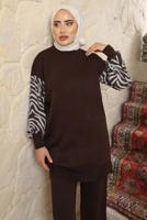 Tesettür giyim KAHVE KOLU DESENLİ PANTOLONLU TAKIM T 9508