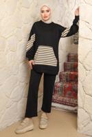 Tesettür giyim SİYAH ÇİZGİLİ CEPLİ PANTOLONLU TAKIM T 9643