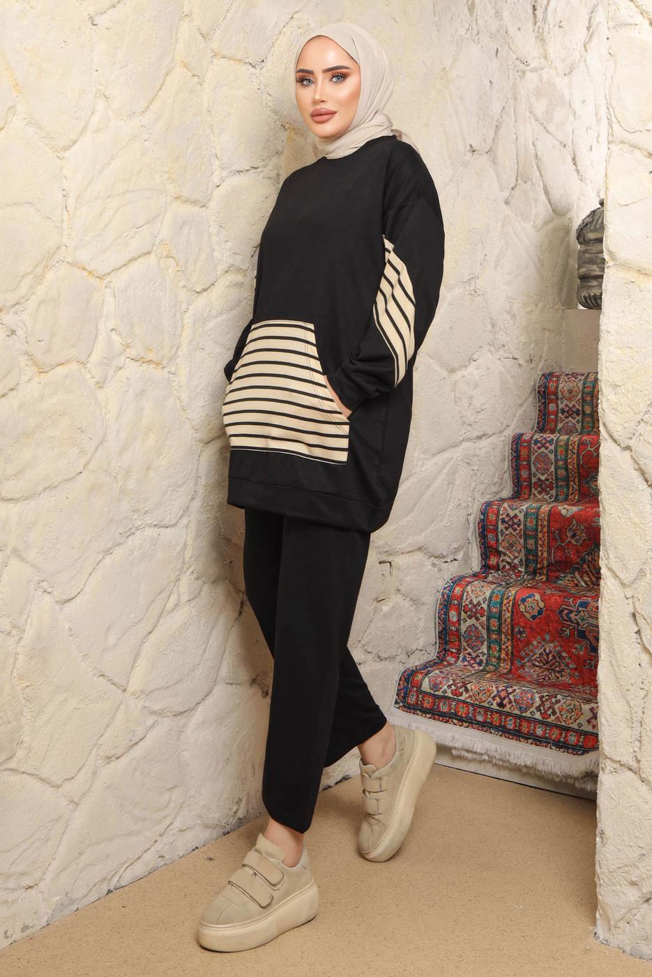 Tesettür giyim SİYAH ÇİZGİLİ CEPLİ PANTOLONLU TAKIM T 9643