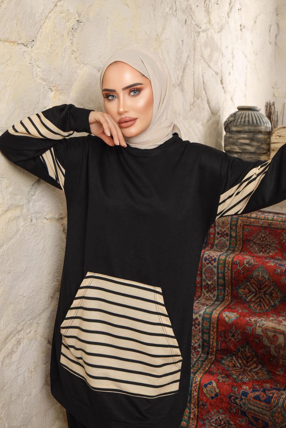 Tesettür giyim SİYAH ÇİZGİLİ CEPLİ PANTOLONLU TAKIM T 9643