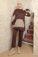 Tesettür giyim KAHVE ÇİZGİLİ CEPLİ PANTOLONLU TAKIM T 9643
