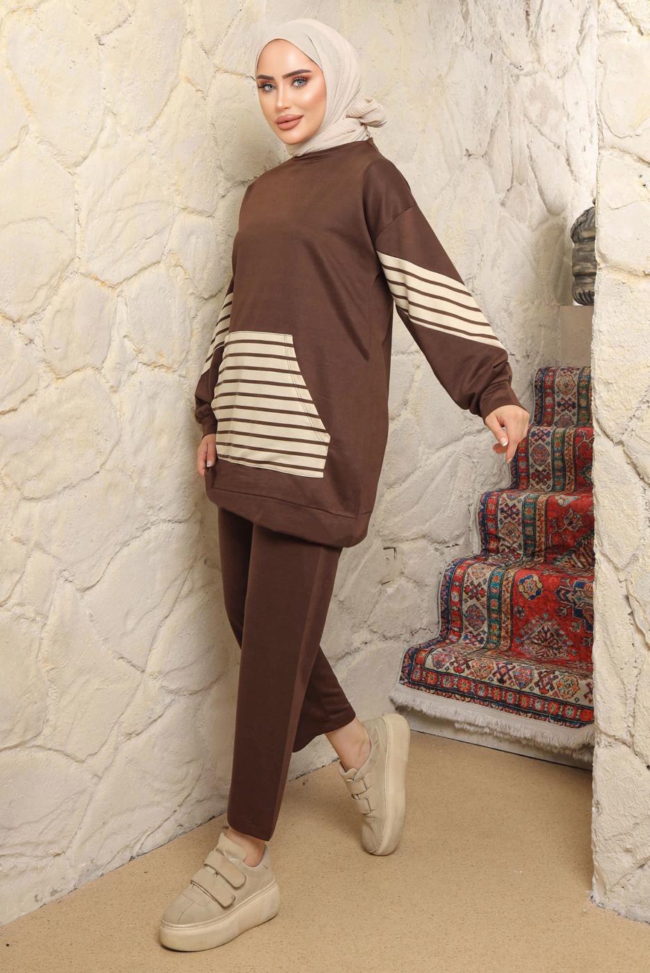 Tesettür giyim KAHVE ÇİZGİLİ CEPLİ PANTOLONLU TAKIM T 9643
