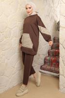 Tesettür giyim KAHVE ÇİZGİLİ CEPLİ PANTOLONLU TAKIM T 9643