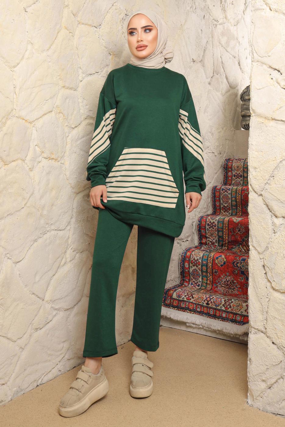 Tesettür giyim YEŞİL ÇİZGİLİ CEPLİ PANTOLONLU TAKIM T 9643