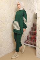 Tesettür giyim YEŞİL ÇİZGİLİ CEPLİ PANTOLONLU TAKIM T 9643