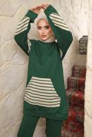 Tesettür giyim YEŞİL ÇİZGİLİ CEPLİ PANTOLONLU TAKIM T 9643