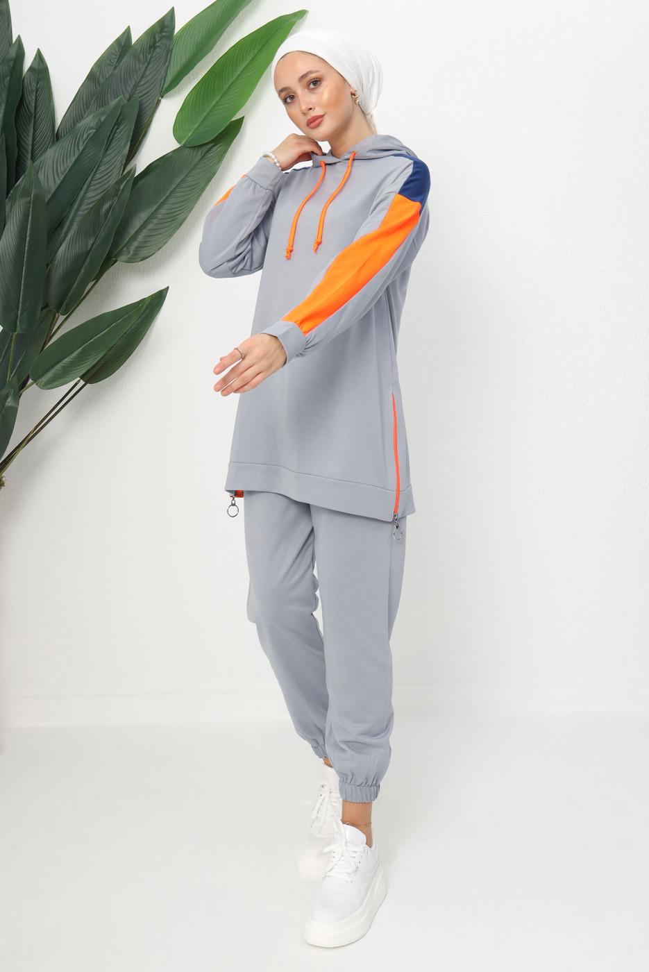 Hijab clothing GREY HOODED PANTS SUIT T 9943