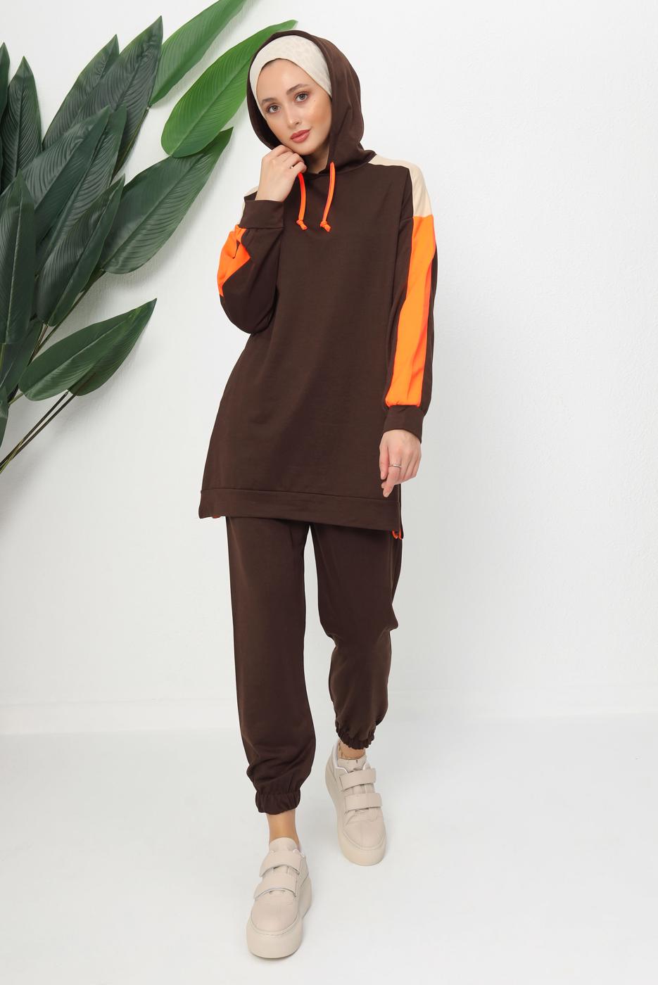 Tesettür giyim KAHVE KAPÜŞONLU PANTOLONLU TAKIM T 9943
