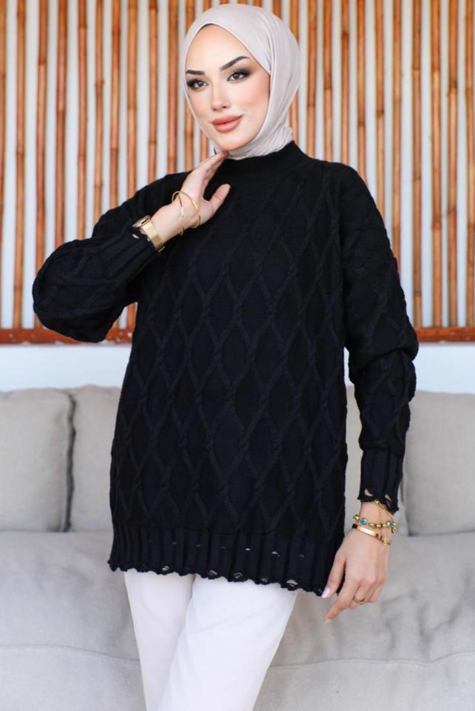 Tesettür giyim SİYAH DESENLİ TRİKO TUNİK T 0863