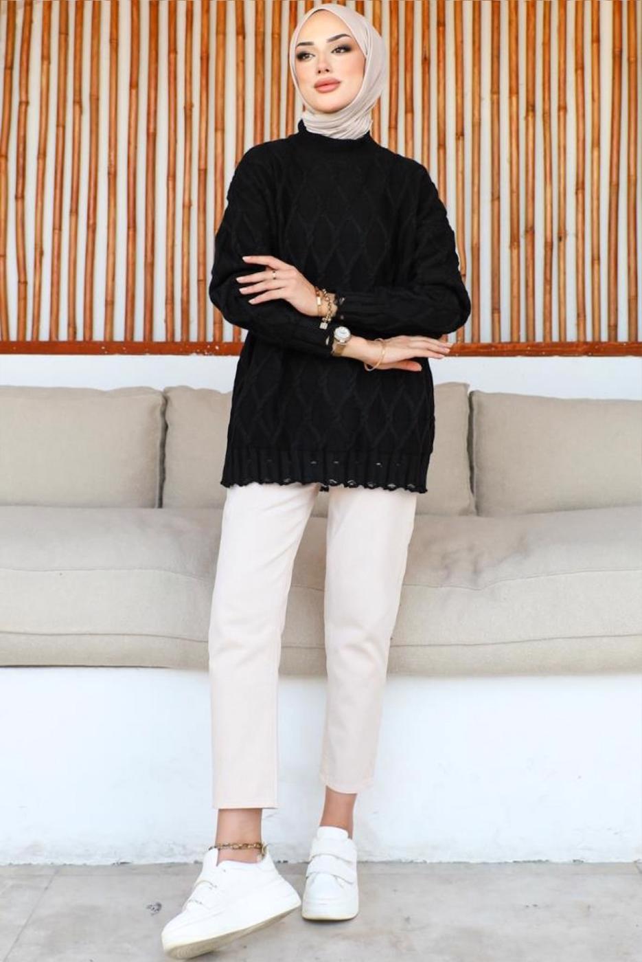 Tesettür giyim SİYAH DESENLİ TRİKO TUNİK T 0863