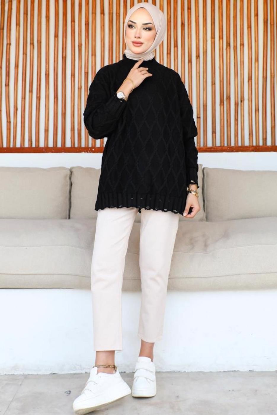 Tesettür giyim SİYAH DESENLİ TRİKO TUNİK T 0863