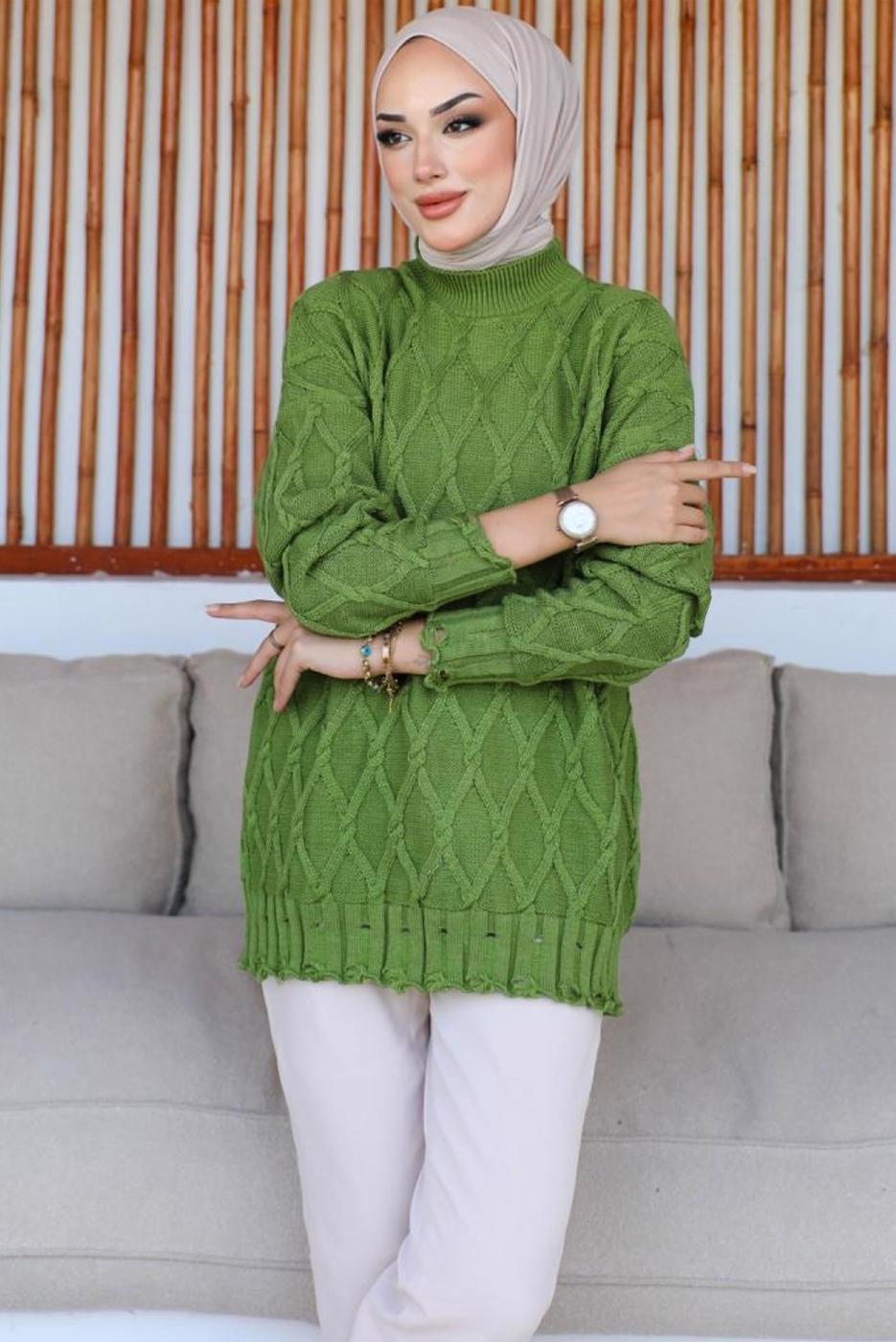 Tesettür giyim YEŞİL DESENLİ TRİKO TUNİK T 0863