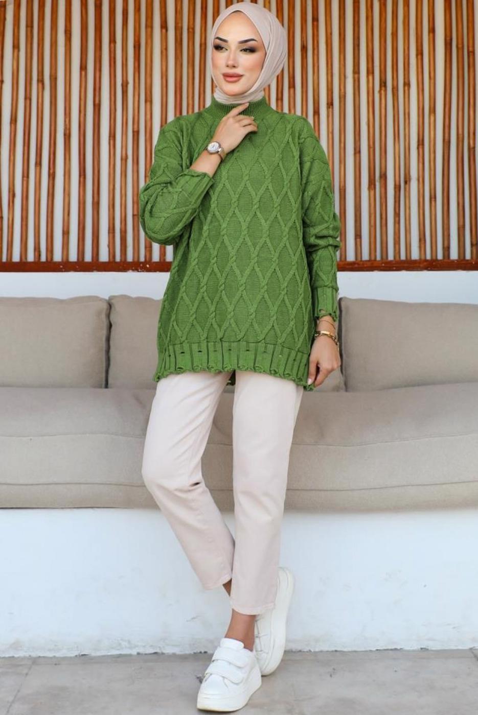Tesettür giyim YEŞİL DESENLİ TRİKO TUNİK T 0863